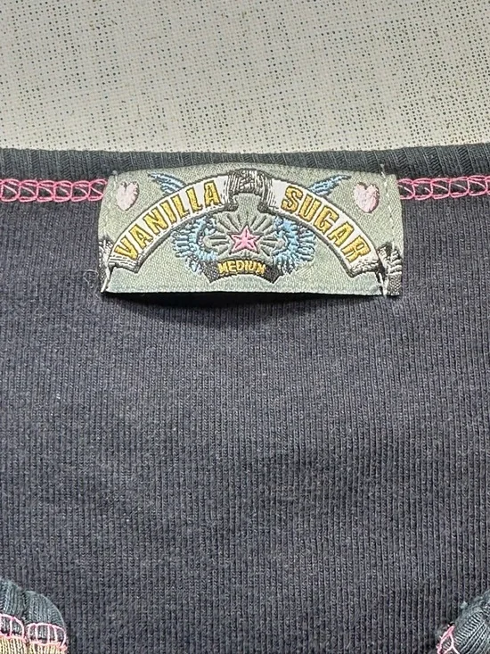 Vanilla Sugar Vintage Y2K Black 3/4 Long Sleeve Top pink black gem detail size M - Picture 6 of 7